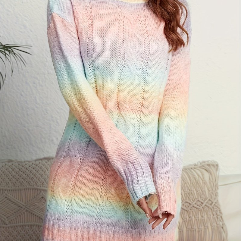 Gradient Color Cable Knit Sweater, Casual Long Sleeve Top For Fall & Winter, Women's Clothing