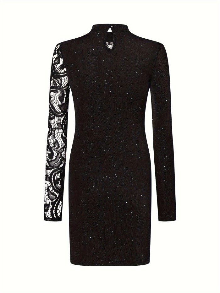 Floral Pattern Mock Neck Dress, Casual Slim Lace Stitching Long Sleeve Dress, Women's Clothing