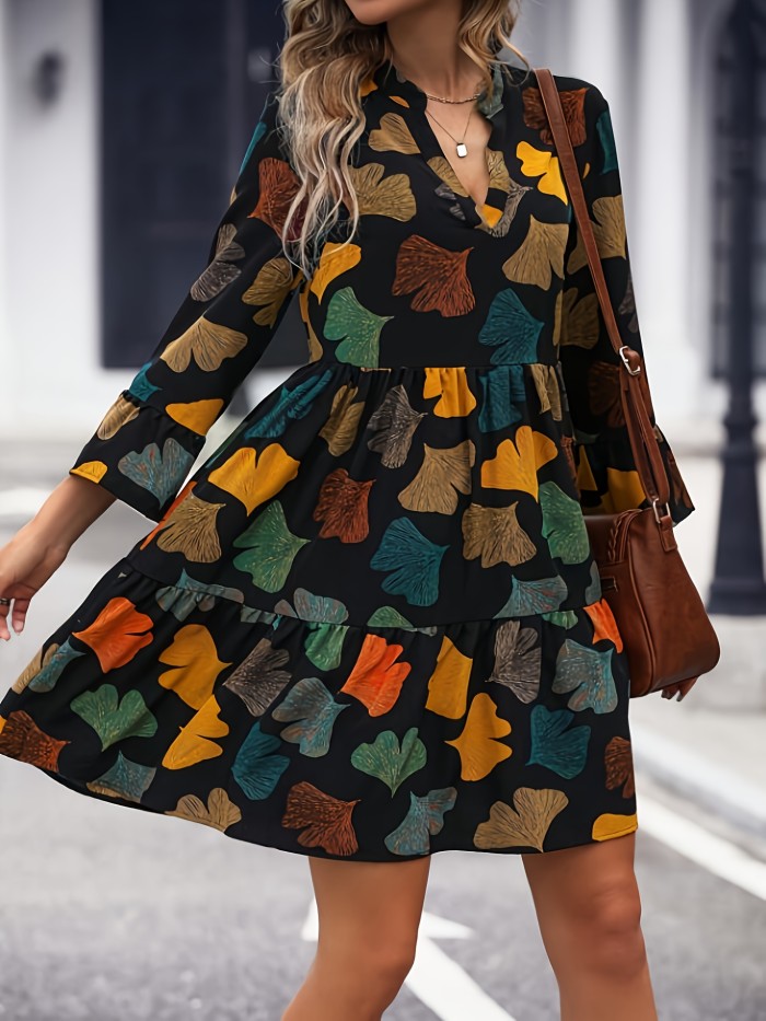 Colorful Leaf Print V Neck Dress, Casual Cinched Waist Long Sleeve Tiered Dress, Women's Clothing