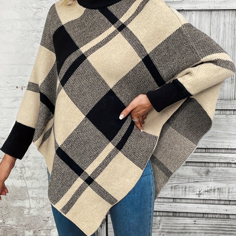 Plaid Pattern Turtle Neck Cape Sweater, Casual Batwing Sleeve Sweater For Fall & Winter, Women's Clothing