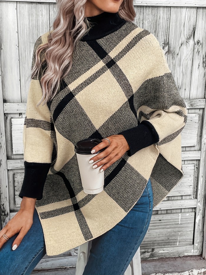 Plaid Pattern Turtle Neck Cape Sweater, Casual Batwing Sleeve Sweater For Fall & Winter, Women's Clothing