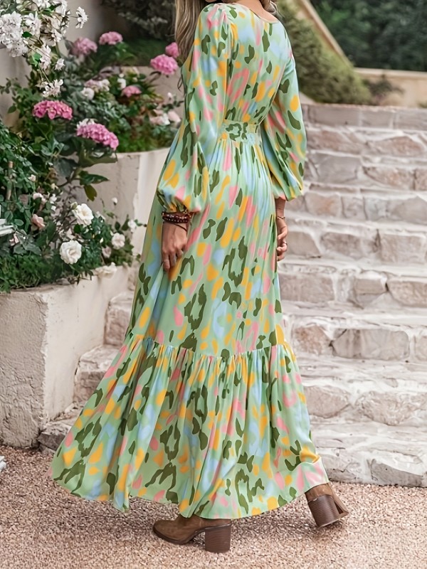 Floral Print V Neck Dress, Elegant Long Sleeve Ruffle Hem Dress, Women's Clothing