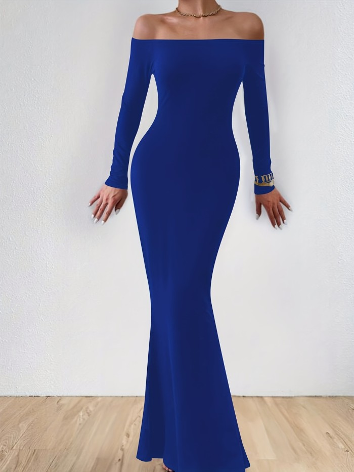 Off-shoulder Slim Mermaid Dress, Elegant Long Sleeve Dress For Party & Banquet, Women's Clothing