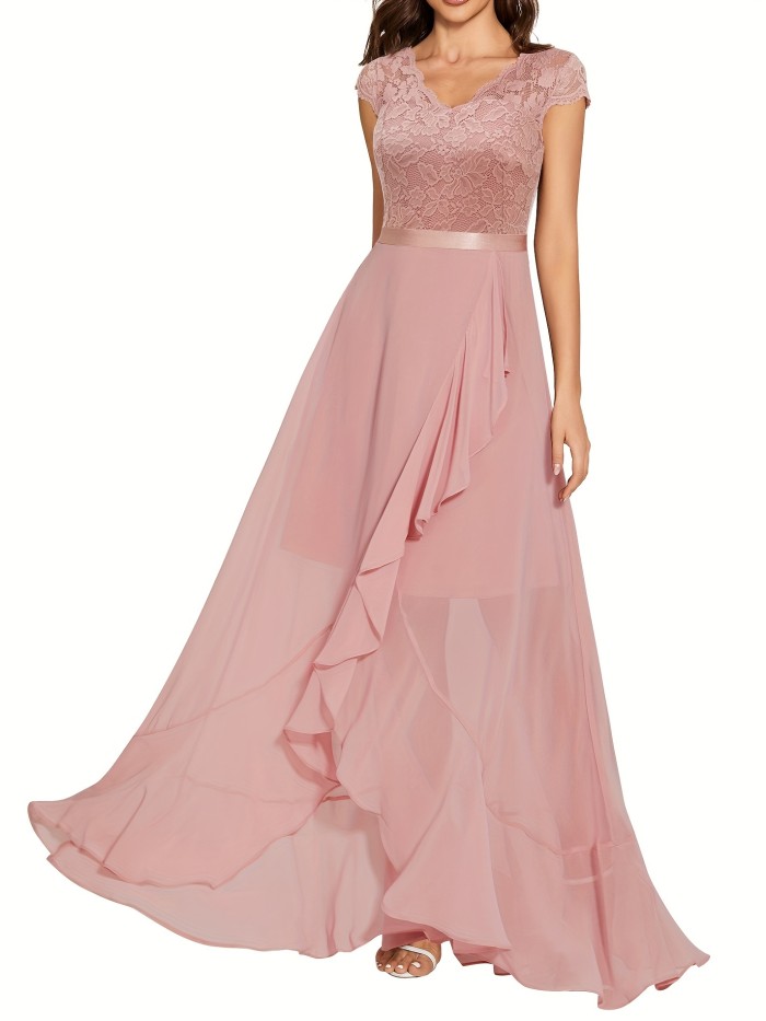 Cap Sleeve Lace Cascade Dress, Elegant Scallop Trim V Neck Split Hem Dress, Women's Clothing