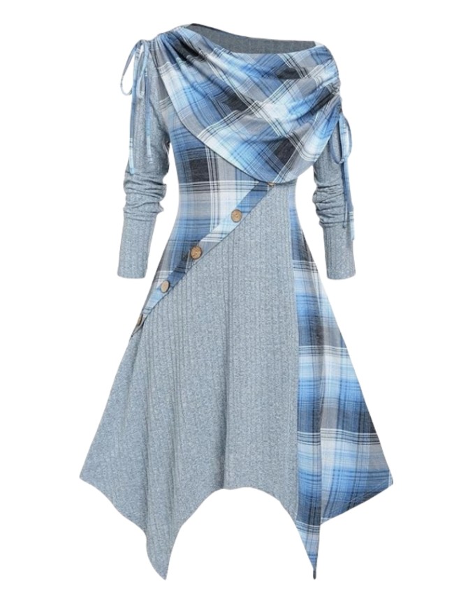Contrast Plaid Cowl Neck Dress, Vintage Long Sleeve Asymmetrical Dress, Women's Clothing