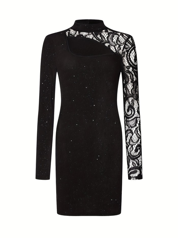 Floral Pattern Mock Neck Dress, Casual Slim Lace Stitching Long Sleeve Dress, Women's Clothing