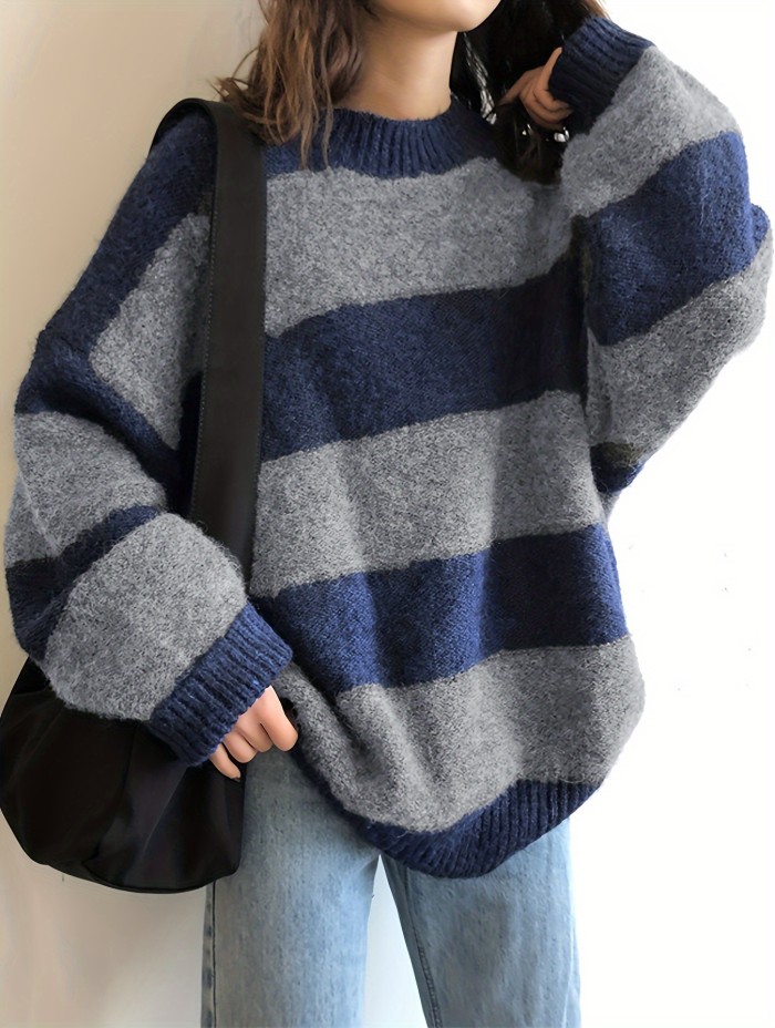 Colorblock Oversized Knitted Pullover Top, Vintage Crew Neck Long Sleeve Sweater For Fall & Winter, Women's Clothing