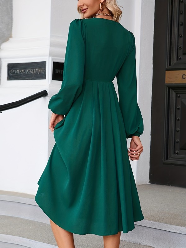 Solid V Neck Dress, Elegant Lantern Sleeve Button Front Dress, Women's Clothing