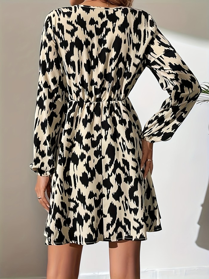 Leopard Print Lantern Dress, Casual Surplice Neck Cinched Waist Dress, Women's Clothing