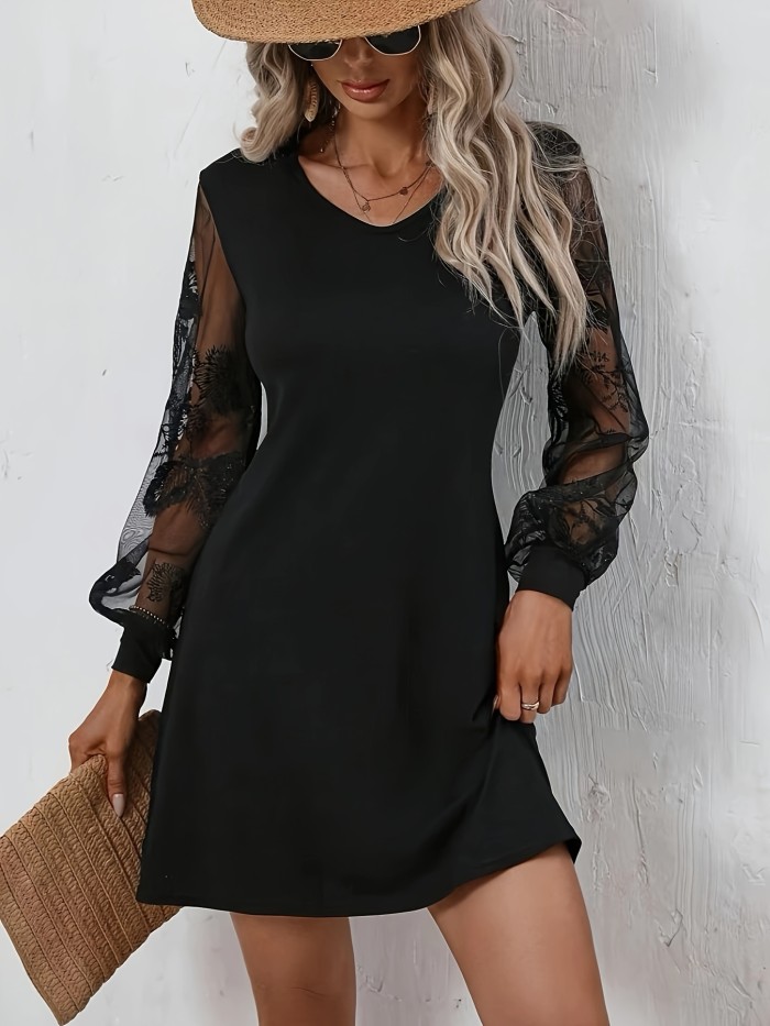 Solid Color Contrast Lace Dress, Elegant Long Sleeve V-neck Dress For Spring & Fall, Women's Clothing