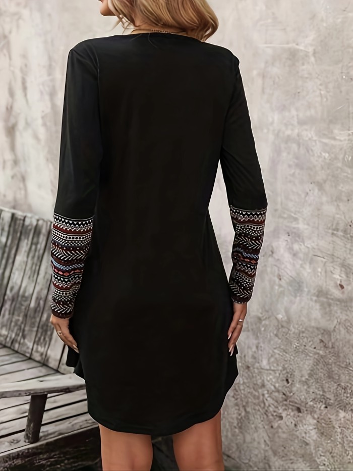 Geometric & Stripe Print V Neck Dress, Casual Curved Hem Long Sleeve Dress, Women's Clothing