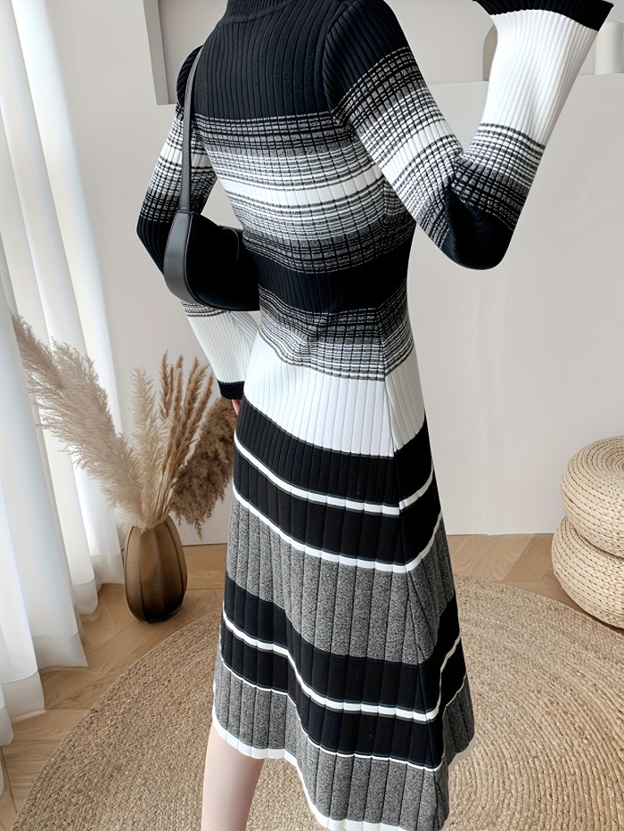Striped Print Long Sleeve Knit Dress, Elegant Crew Neck A-line Dress, Women's Clothing