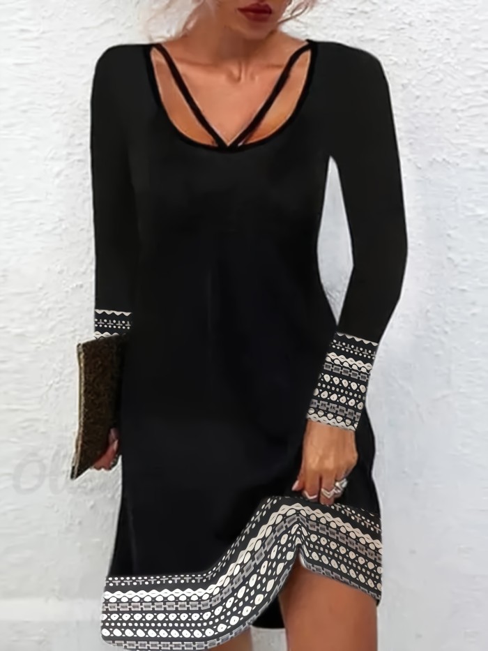 Geo Print V Neck Dress, Elegant Cut Out Long Sleeve Dress For Spring & Fall, Women's Clothing