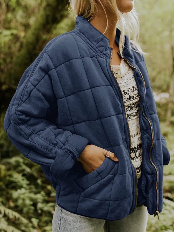 Solid Color Quilted Cotton Jacket with Loose Pockets and Long Sleeves