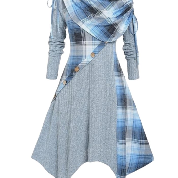 Contrast Plaid Cowl Neck Dress, Vintage Long Sleeve Asymmetrical Dress, Women's Clothing