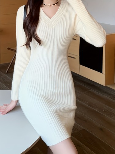 Solid Knit Sweater Dress, Elegant V Neck Long Sleeve Bodycon Dress For Fall & Winter, Women's Clothing