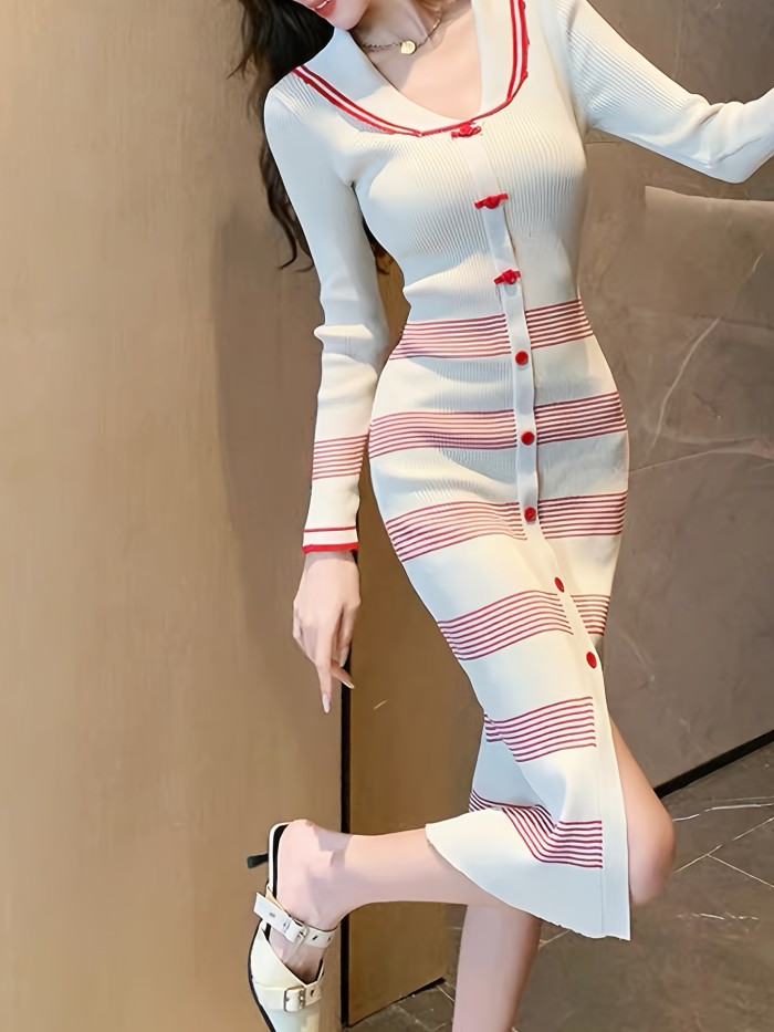 Striped Print Slim Knit Dress, Chic Long Sleeve V Neck Split Hem Dress, Women's Clothing