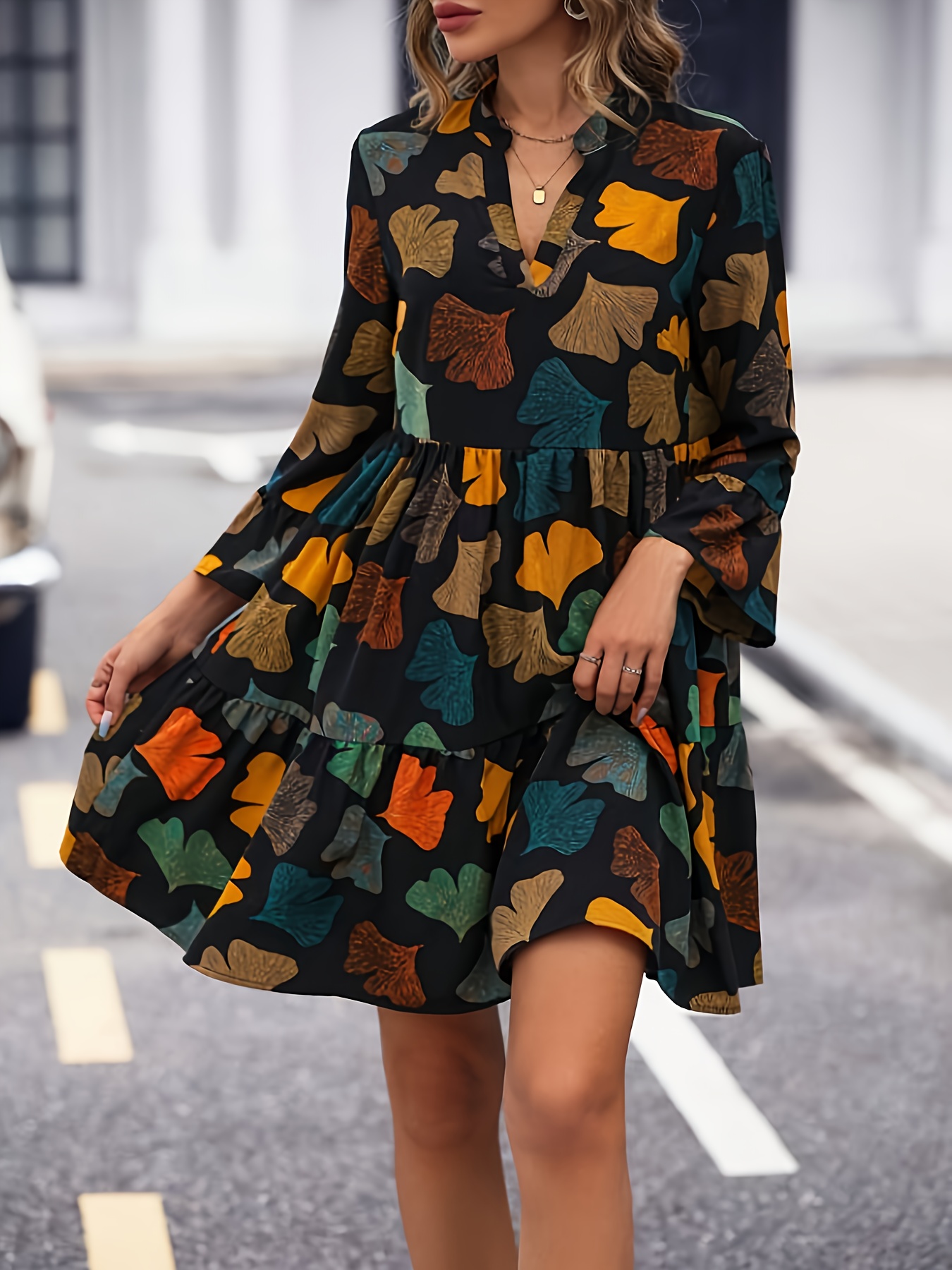 Shirred Scoop Neck Leaf Print Dress