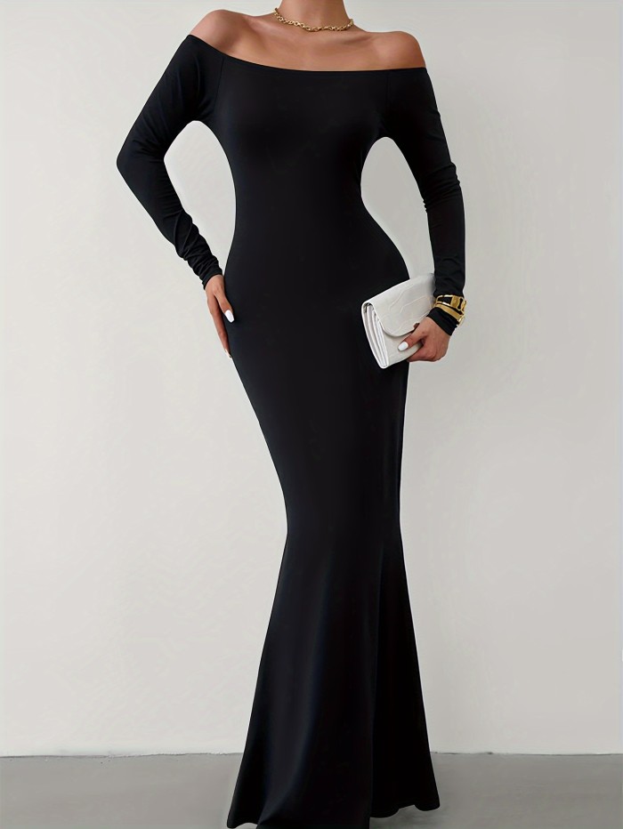 Off-shoulder Slim Mermaid Dress, Elegant Long Sleeve Dress For Party & Banquet, Women's Clothing