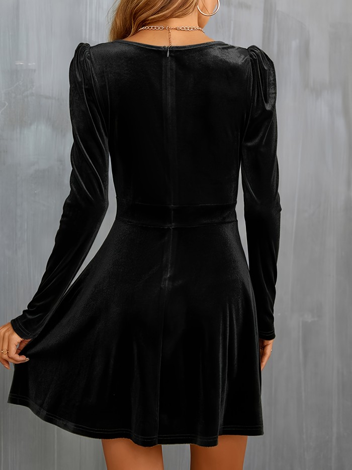Solid Velvet Long Sleeve Dress, Elegant Surplice Neck A-line Dress, Women's Clothing