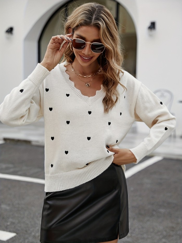 Heart Pattern V Neck Sweater, Casual Long Sleeve Scallop Trim Pullover Sweater For Fall & Winter, Women's Clothing