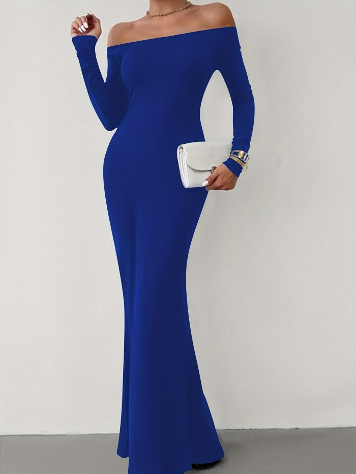 Off-shoulder Slim Mermaid Dress, Elegant Long Sleeve Dress For Party & Banquet, Women's Clothing