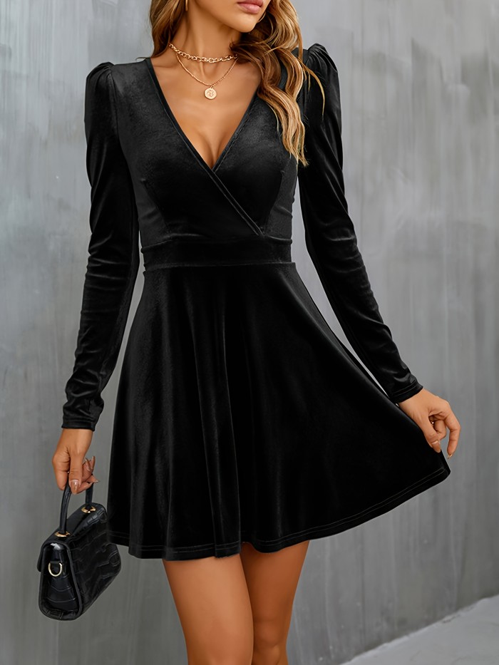 Solid Velvet Long Sleeve Dress, Elegant Surplice Neck A-line Dress, Women's Clothing