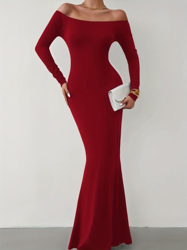 Off-shoulder Slim Mermaid Dress, Elegant Long Sleeve Dress For Party & Banquet, Women's Clothing