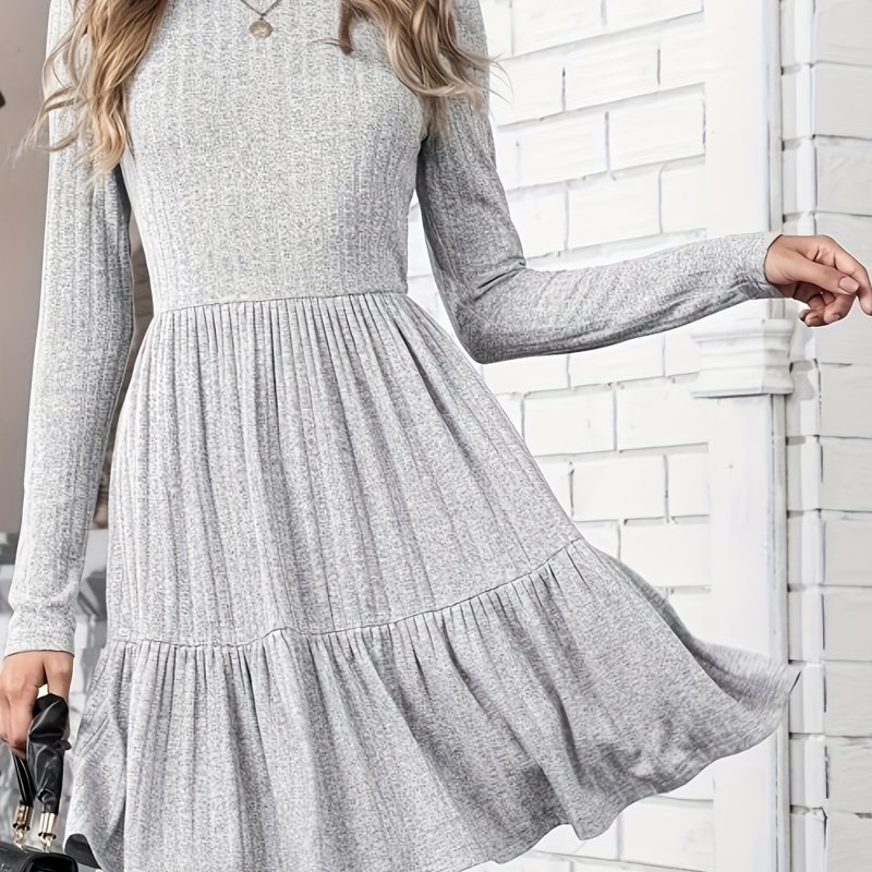 Causal Solid Color Dress, Crew Neck Long Sleeve Dress For For Spring & Fall, Women's Clothing