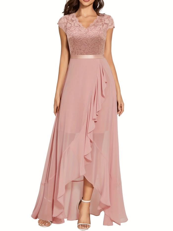 Cap Sleeve Lace Cascade Dress, Elegant Scallop Trim V Neck Split Hem Dress, Women's Clothing