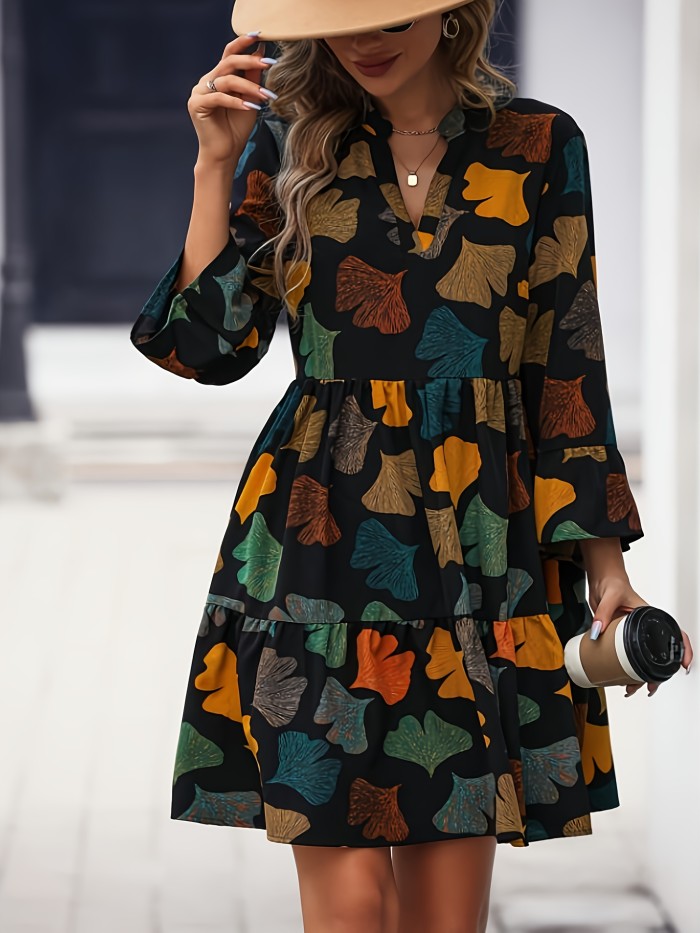 Colorful Leaf Print V Neck Dress, Casual Cinched Waist Long Sleeve Tiered Dress, Women's Clothing