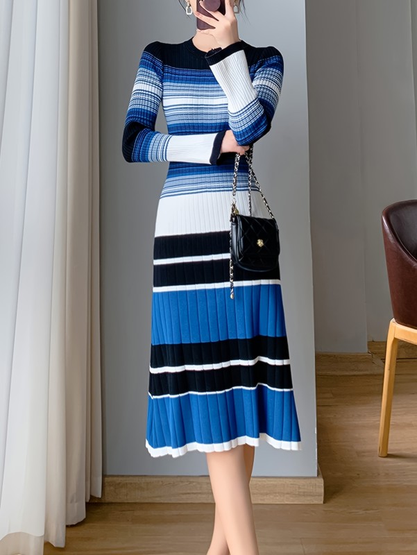 Striped Print Long Sleeve Knit Dress, Elegant Crew Neck A-line Dress, Women's Clothing