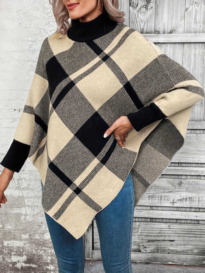 Plaid Pattern Turtle Neck Cape Sweater, Casual Batwing Sleeve Sweater For Fall & Winter, Women's Clothing