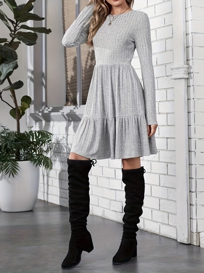 Causal Solid Color Dress, Crew Neck Long Sleeve Dress For For Spring & Fall, Women's Clothing