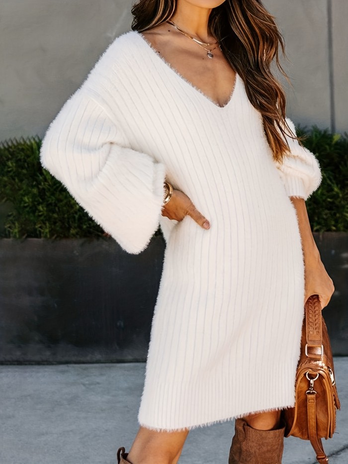 Solid V Neck Rib Knit Dress, Casual Long Sleeve Loose Sweater Dress For Fall & Winter, Women's Clothing