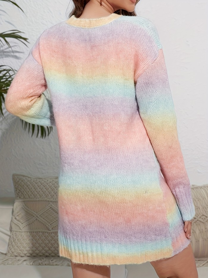 Gradient Color Cable Knit Sweater, Casual Long Sleeve Top For Fall & Winter, Women's Clothing