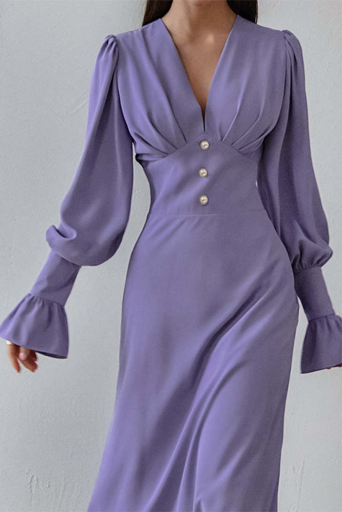 Elegant Simplicity Solid Buttons V Neck A Line Dresses