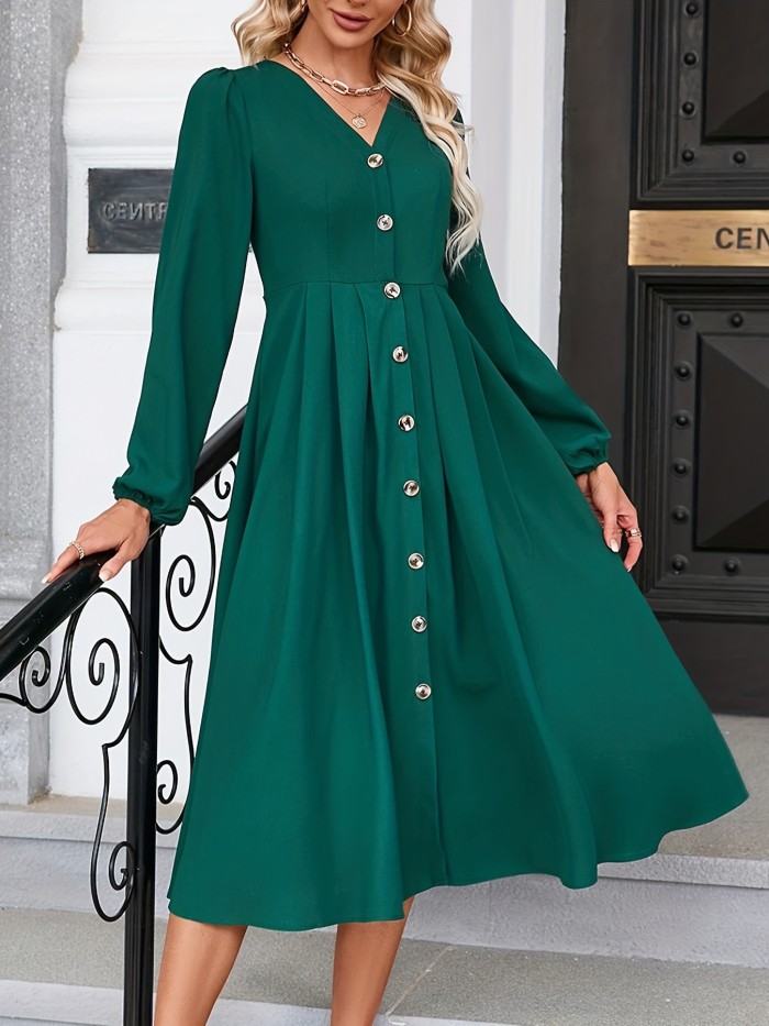 Solid V Neck Dress, Elegant Lantern Sleeve Button Front Dress, Women's Clothing