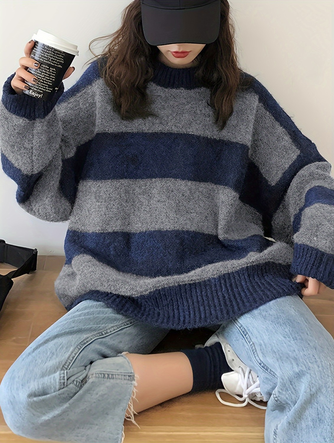 Women Oversized Colorblock V Neck Hooded Sweater