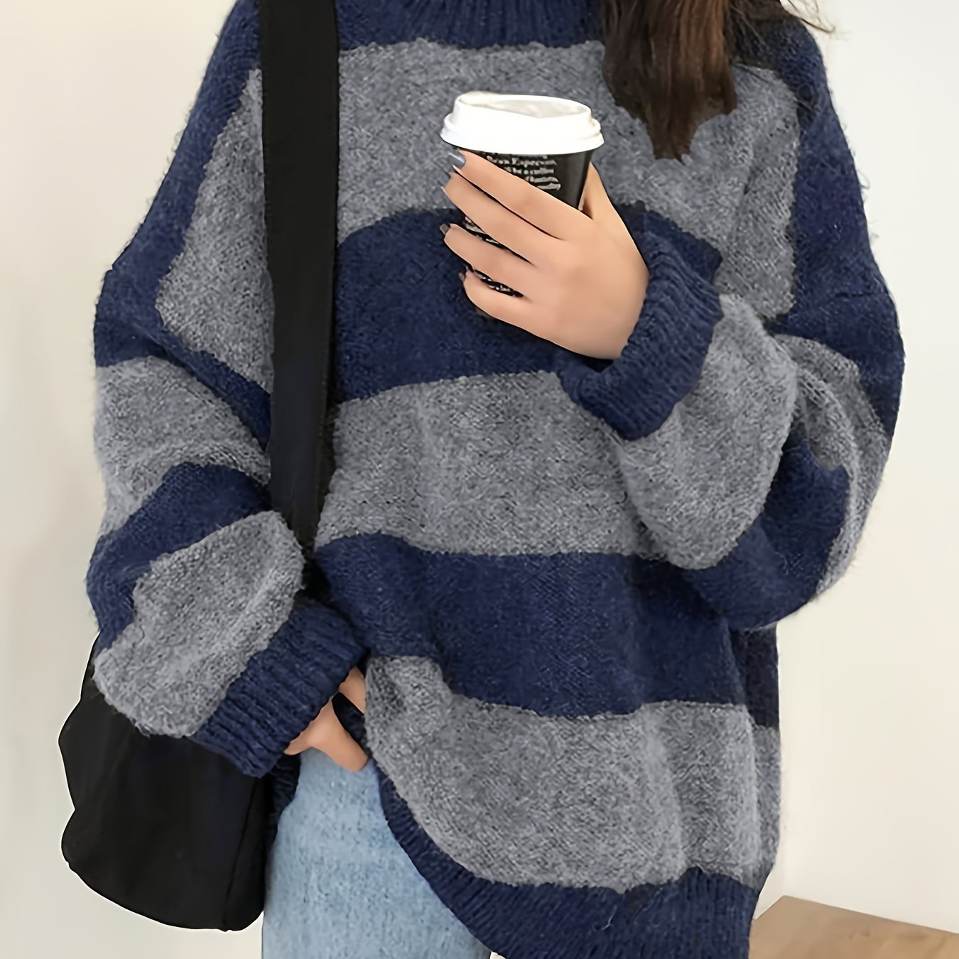 Colorblock Oversized Knitted Pullover Top, Vintage Crew Neck Long ...