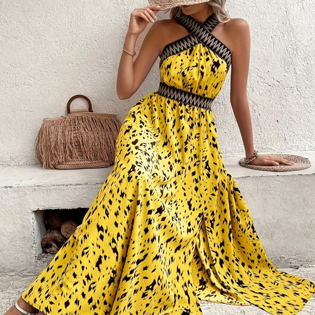 Mandala Print Contrast Trim Dress, Backless Halter Neck Dress, Women's ...