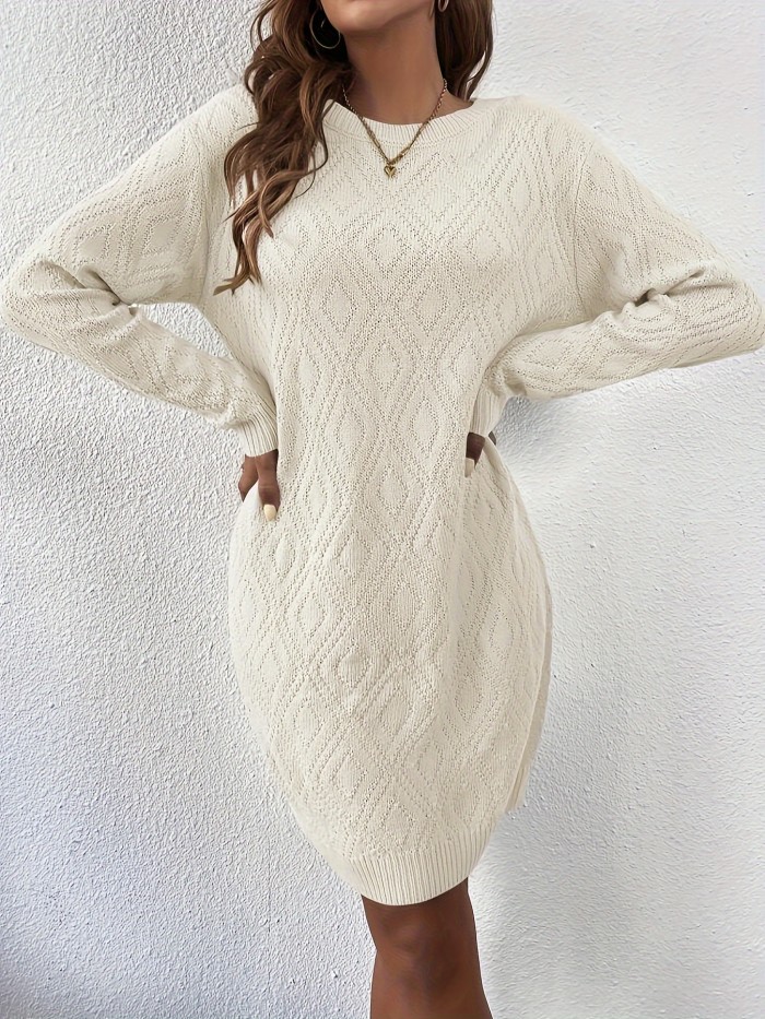 Solid Long Sleeve Textured Dress, Casual Crew Neck Knit Dress, Women's Clothing