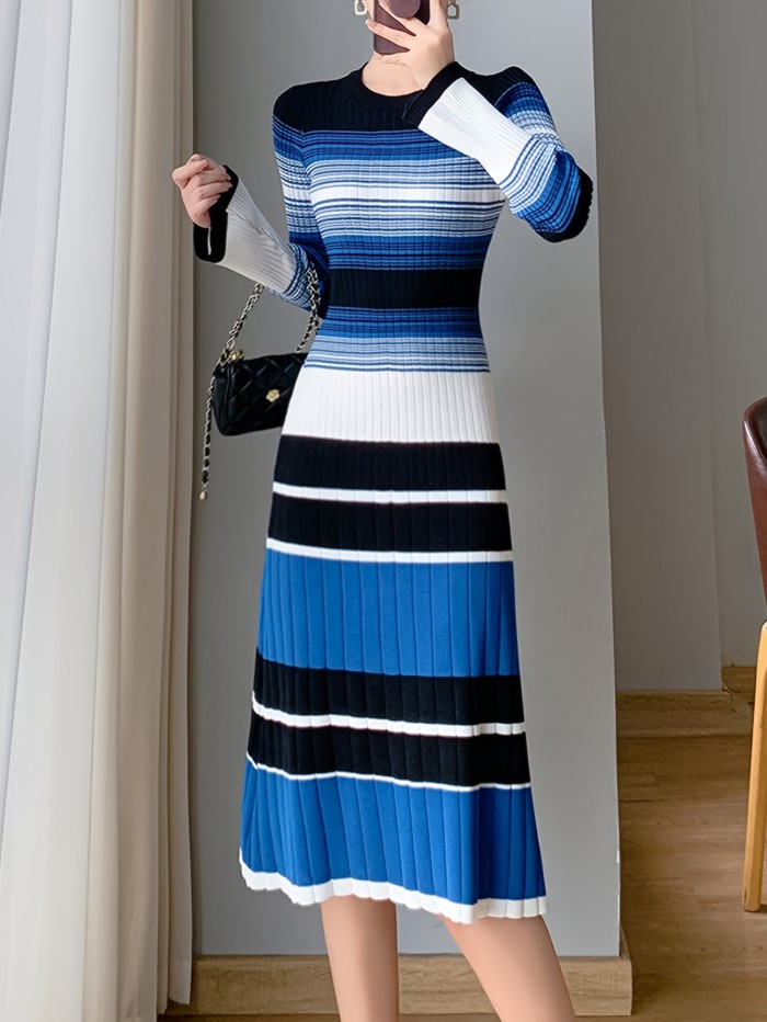 Striped Print Long Sleeve Knit Dress, Elegant Crew Neck A-line Dress, Women's Clothing