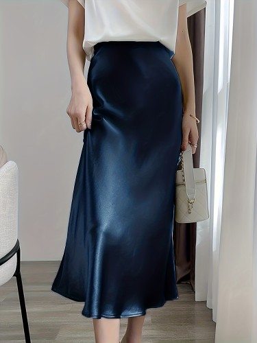 Retro Satin Maxi Skirts, Casual Solid High Waist Vintage Fashion Summer Skirts, Women's Clothing