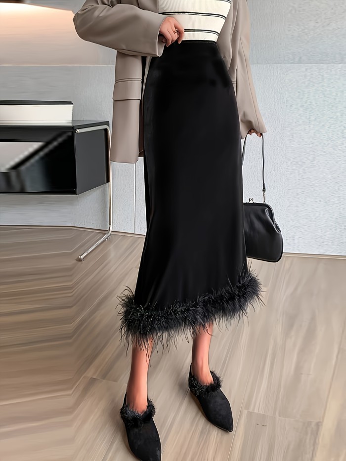 Solid Faux Fur Decor Skirt, Versatile Velvet Split Skirt For Spring & Fall, Women's Clothing