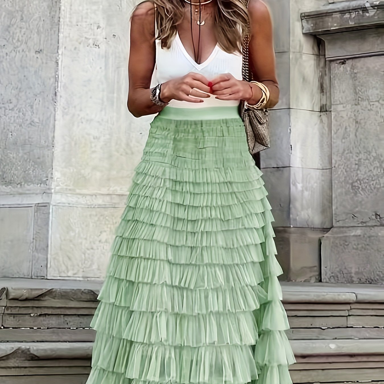Odizli Damen Sommer Rock – Boho Style, Hohe Taille, Gestuft, A-Linie, Aus Polyester/Baumwolle, Größen S-2XL