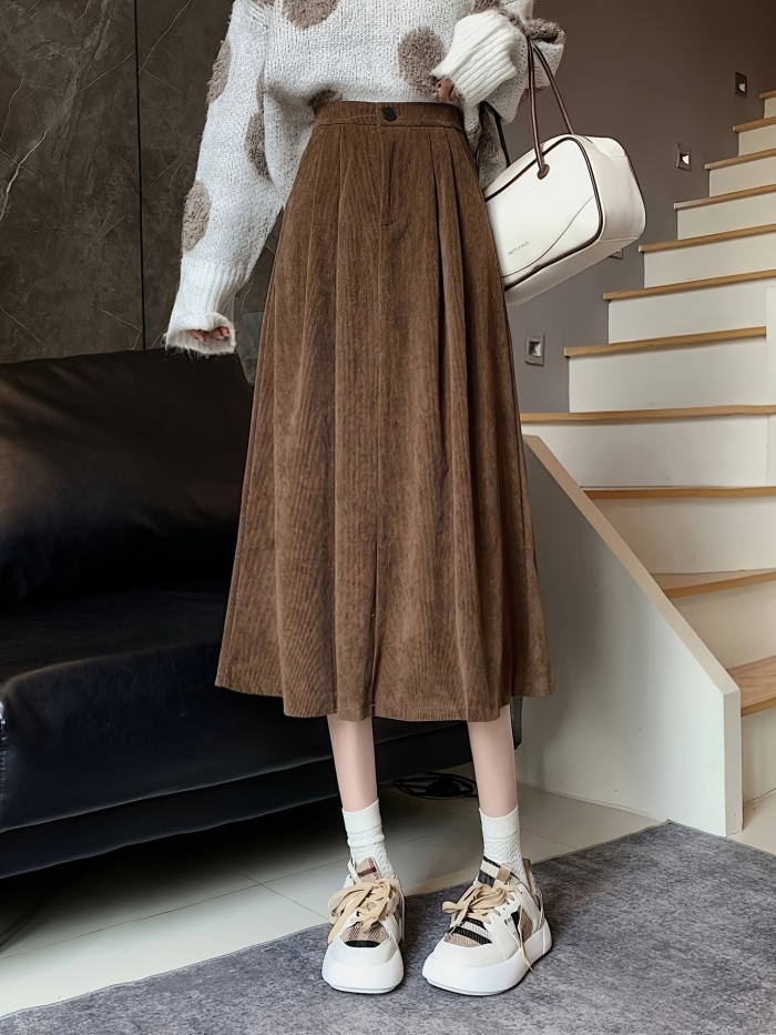 Solid High Waist Corduroy Skirt, Casual Ruffle Hem Midi Skirt For Fall & Winter, Women's Clothing