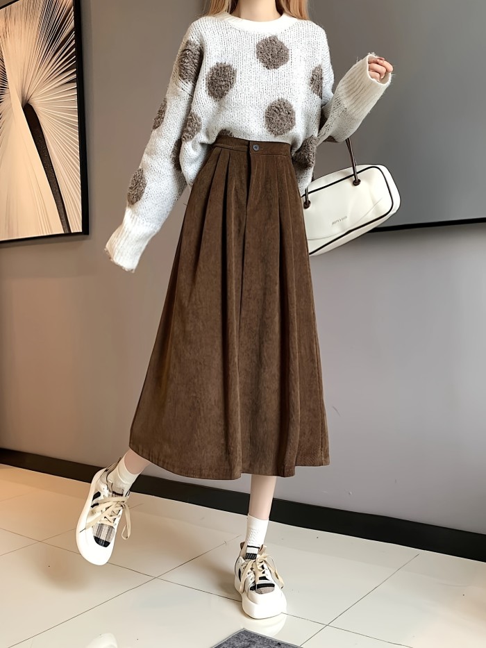 Solid High Waist Corduroy Skirt, Casual Ruffle Hem Midi Skirt For Fall & Winter, Women's Clothing