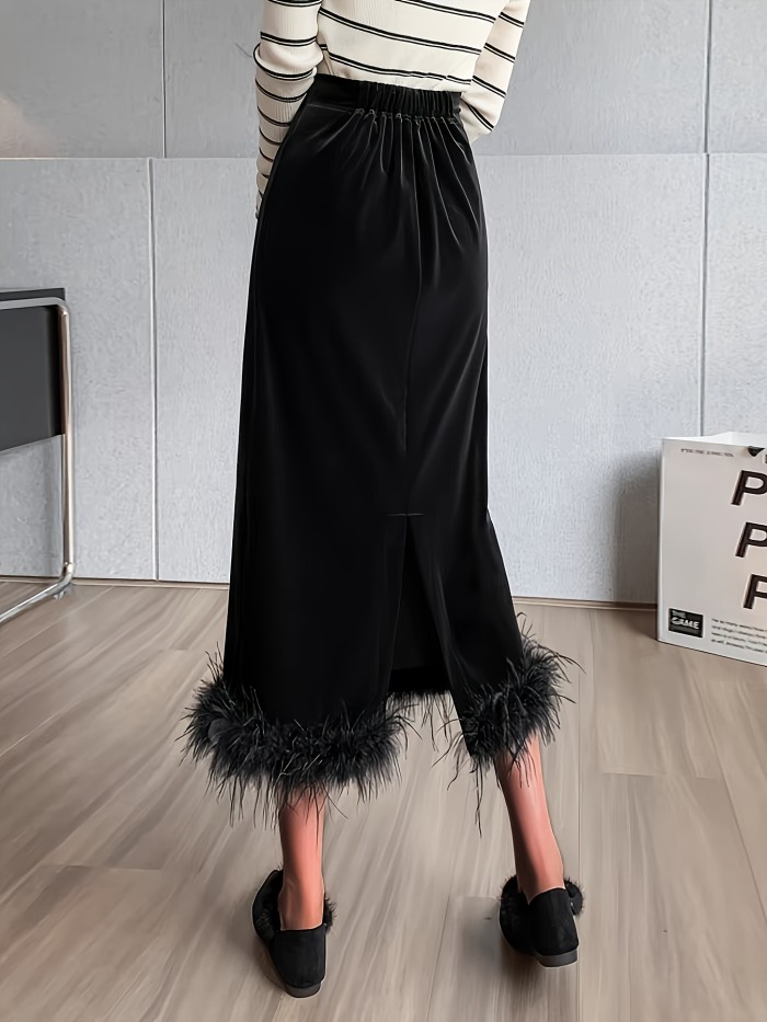 Solid Faux Fur Decor Skirt, Versatile Velvet Split Skirt For Spring & Fall, Women's Clothing