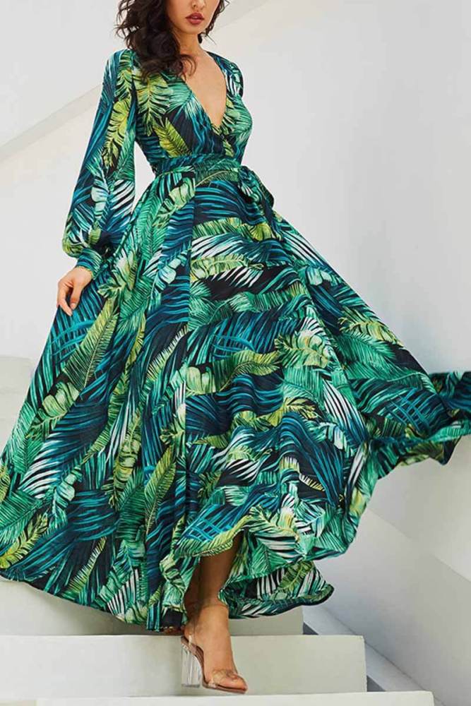 V-Neck Leaf Print Maxi Dress